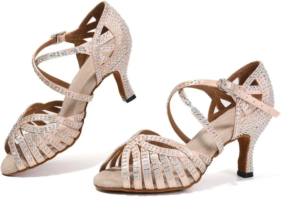 SWDZM Women's Ballroom Dance Shoes Rhinestone Latin Salsa Heeled Party Dance Shoes,Model L379