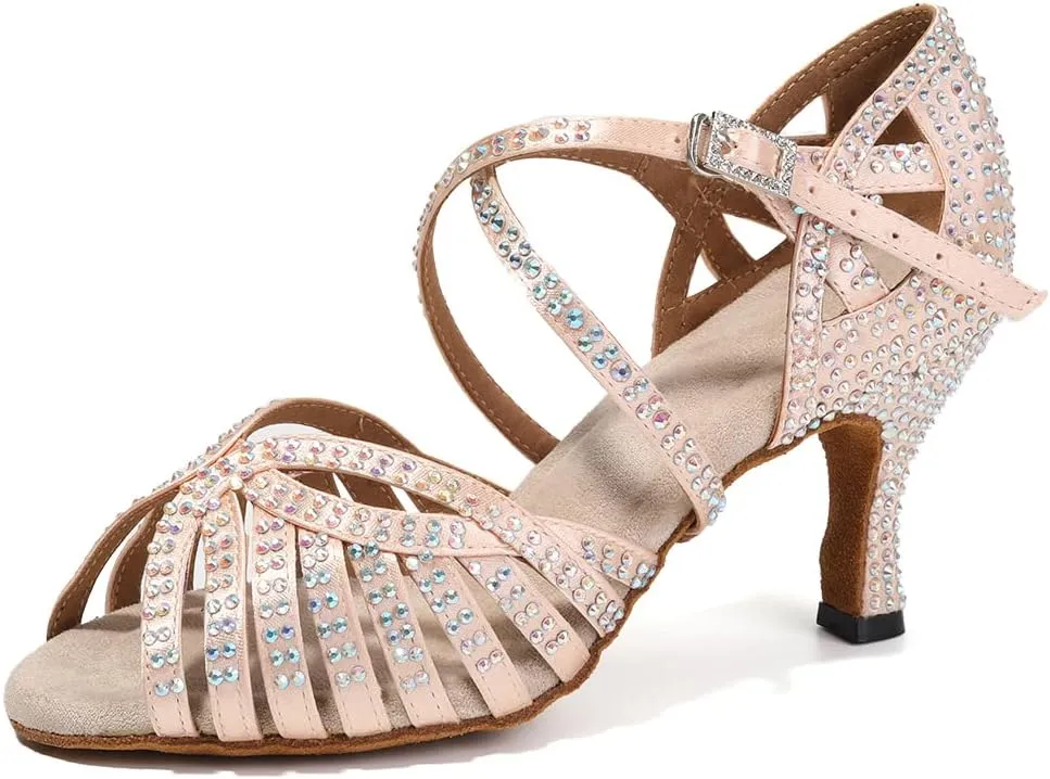 SWDZM Women's Ballroom Dance Shoes Rhinestone Latin Salsa Heeled Party Dance Shoes,Model L379