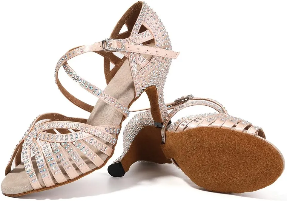 SWDZM Women's Ballroom Dance Shoes Rhinestone Latin Salsa Heeled Party Dance Shoes,Model L379