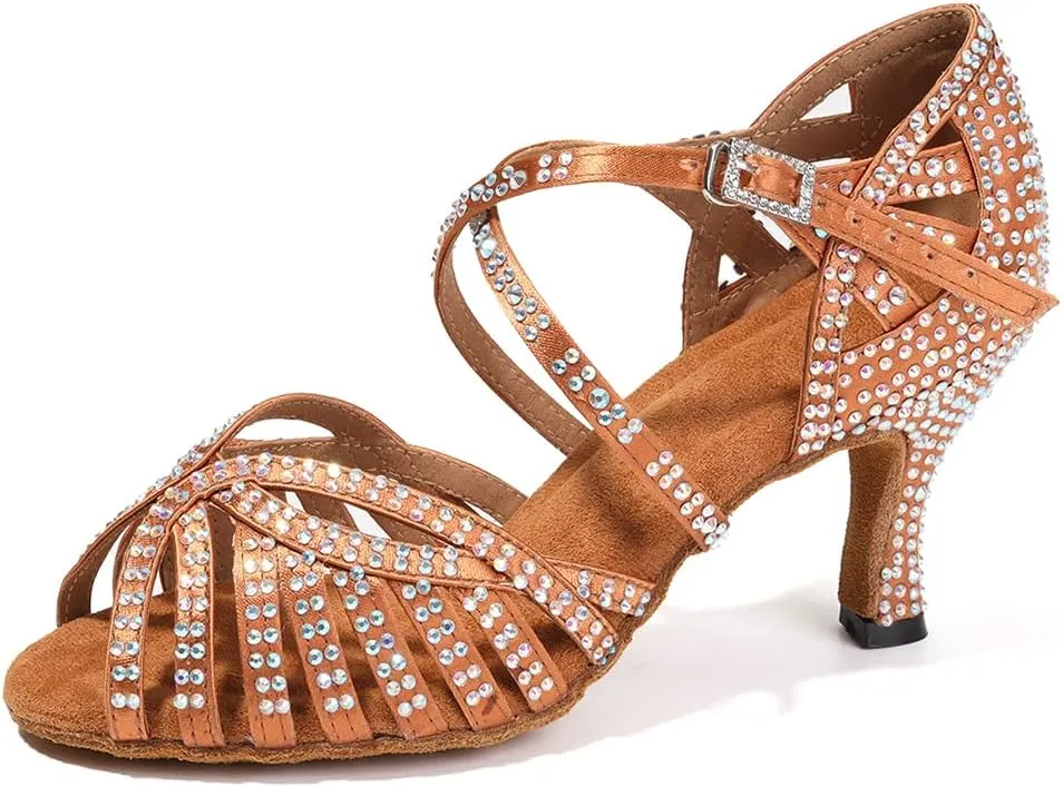 SWDZM Women's Ballroom Dance Shoes Rhinestone Latin Salsa Heeled Party Dance Shoes,Model L379