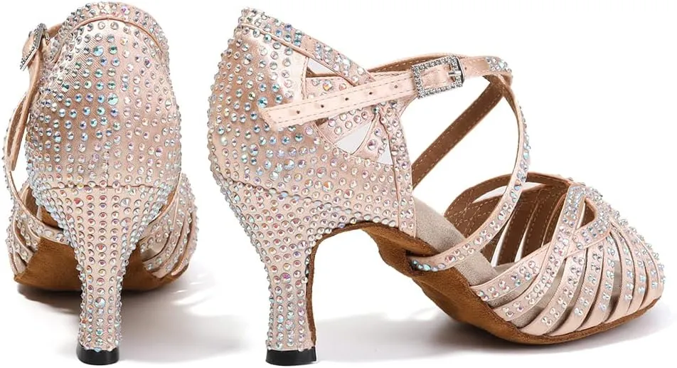 SWDZM Women's Ballroom Dance Shoes Rhinestone Latin Salsa Heeled Party Dance Shoes,Model L379