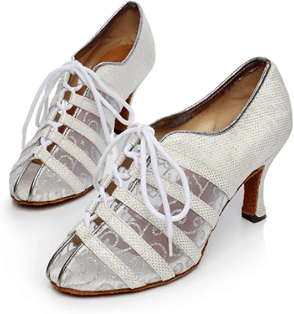 TDA QJ9005 Womens Lace-up Net Synthetic Salsa Tango Ballroom Latin Wedding Party Dance Shoes