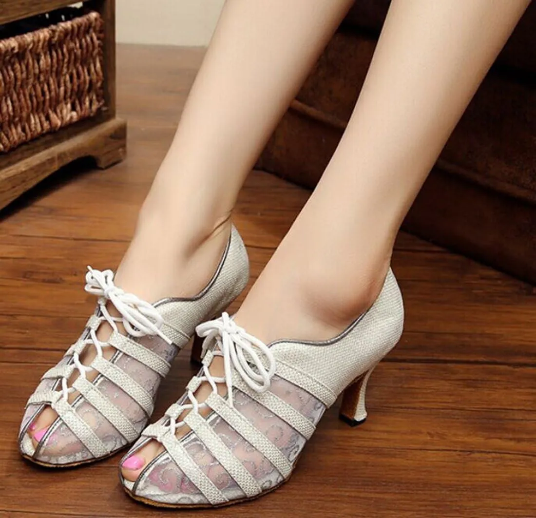 TDA QJ9005 Womens Lace-up Net Synthetic Salsa Tango Ballroom Latin Wedding Party Dance Shoes