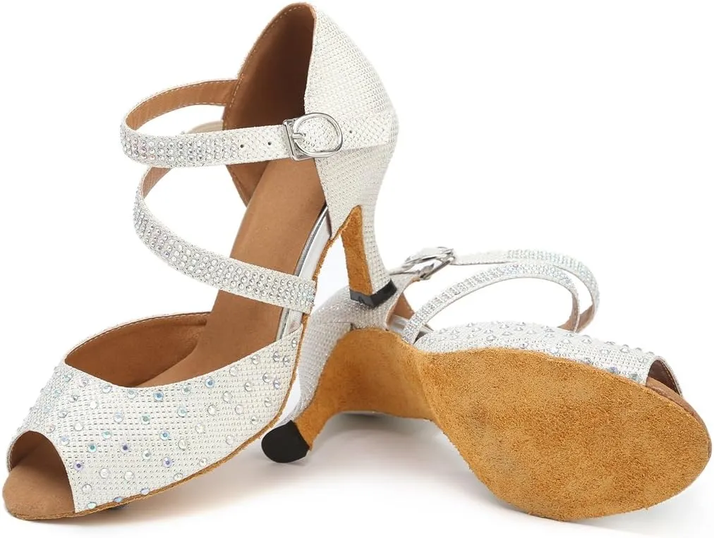 TDA Womens Closed Toe Ankle Strap Crystals Glitter Synthetic Tango Ballroom Latin Dance Wedding Shoes