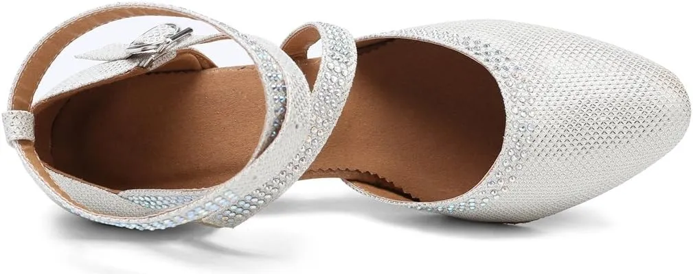 TDA Womens Closed Toe Ankle Strap Crystals Glitter Synthetic Tango Ballroom Latin Dance Wedding Shoes