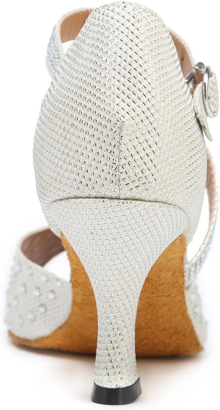 TDA Womens Closed Toe Ankle Strap Crystals Glitter Synthetic Tango Ballroom Latin Dance Wedding Shoes