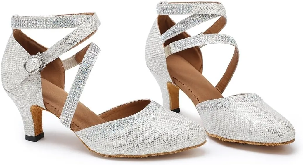 TDA Womens Closed Toe Ankle Strap Crystals Glitter Synthetic Tango Ballroom Latin Dance Wedding Shoes