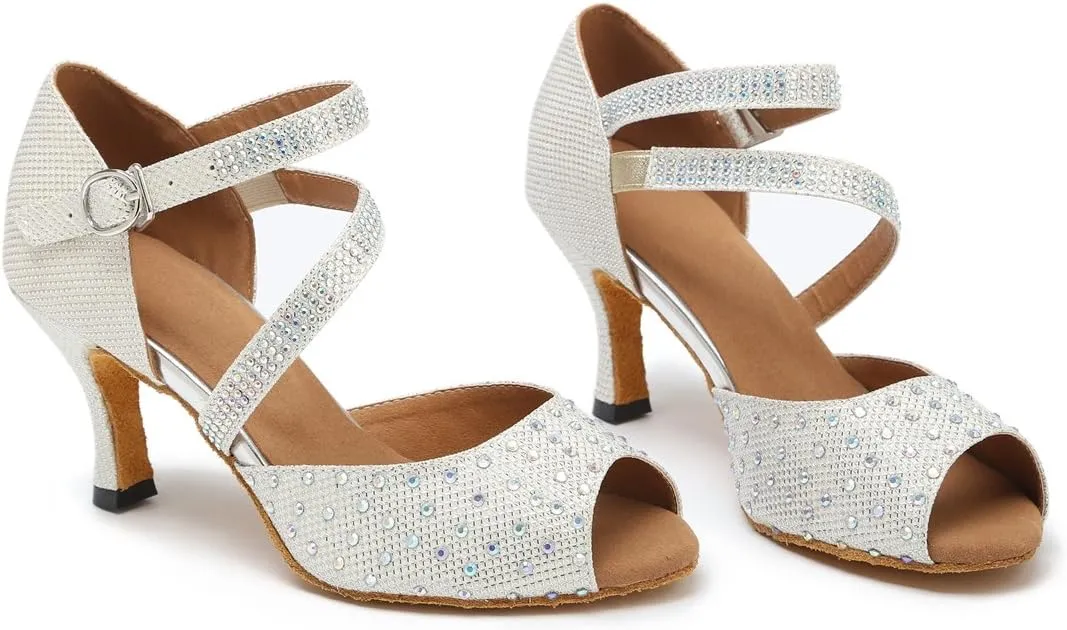 TDA Womens Closed Toe Ankle Strap Crystals Glitter Synthetic Tango Ballroom Latin Dance Wedding Shoes