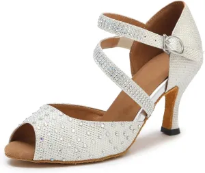 TDA Womens Closed Toe Ankle Strap Crystals Glitter Synthetic Tango Ballroom Latin Dance Wedding Shoes