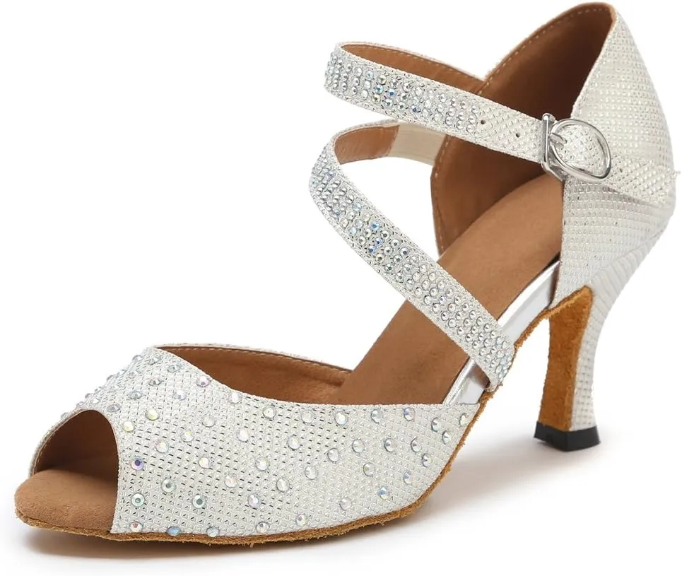 TDA Womens Closed Toe Ankle Strap Crystals Glitter Synthetic Tango Ballroom Latin Dance Wedding Shoes
