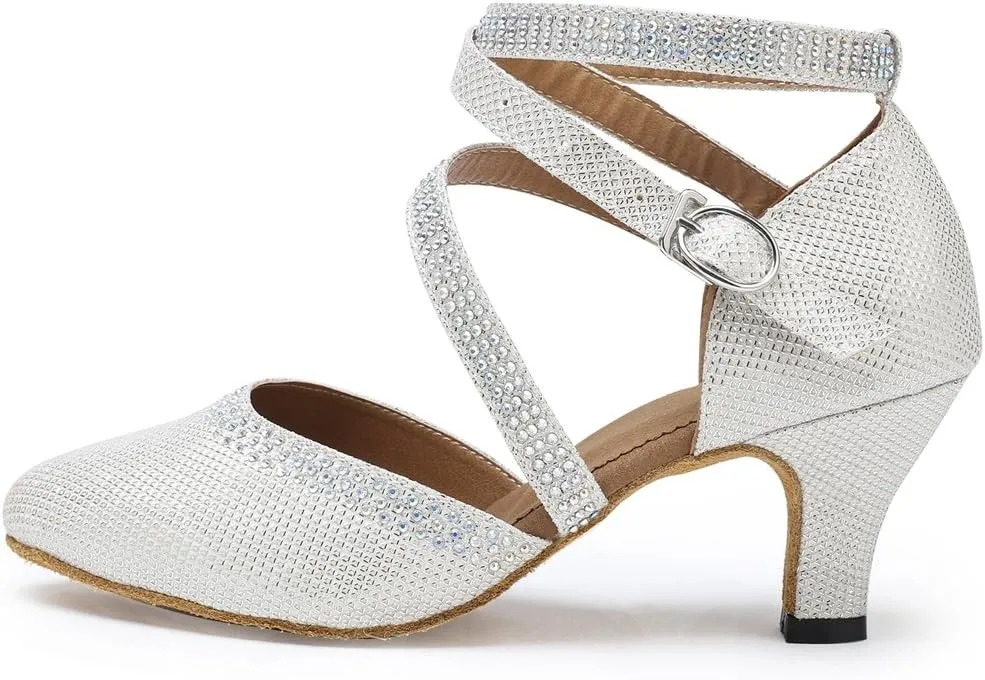 TDA Womens Closed Toe Ankle Strap Crystals Glitter Synthetic Tango Ballroom Latin Dance Wedding Shoes