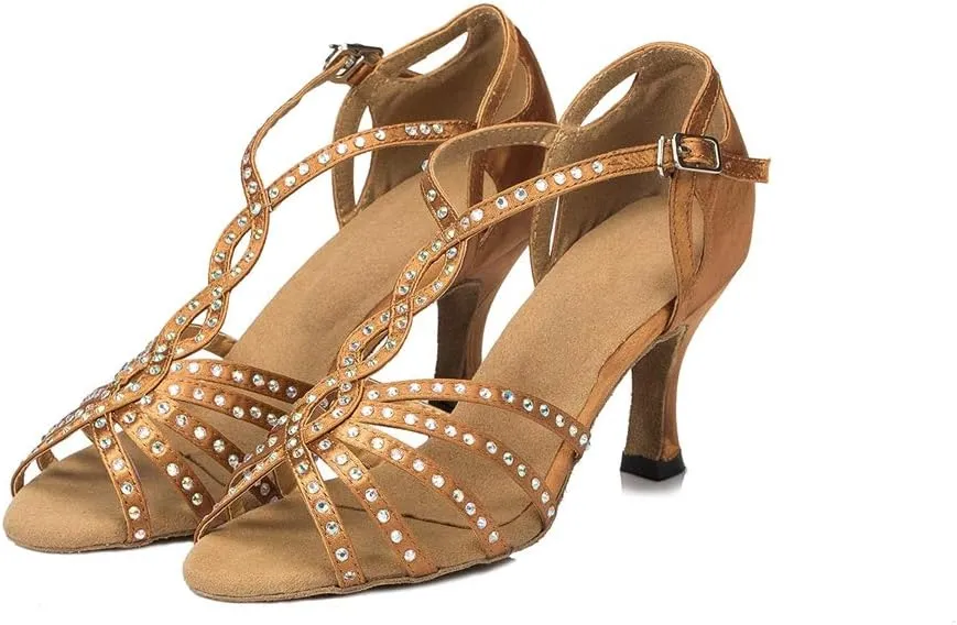 TDA Women's Comfort T-strap Peep Toe Satin Rhinestones Social Tango Ballroom Latin Modern Dance Shoes