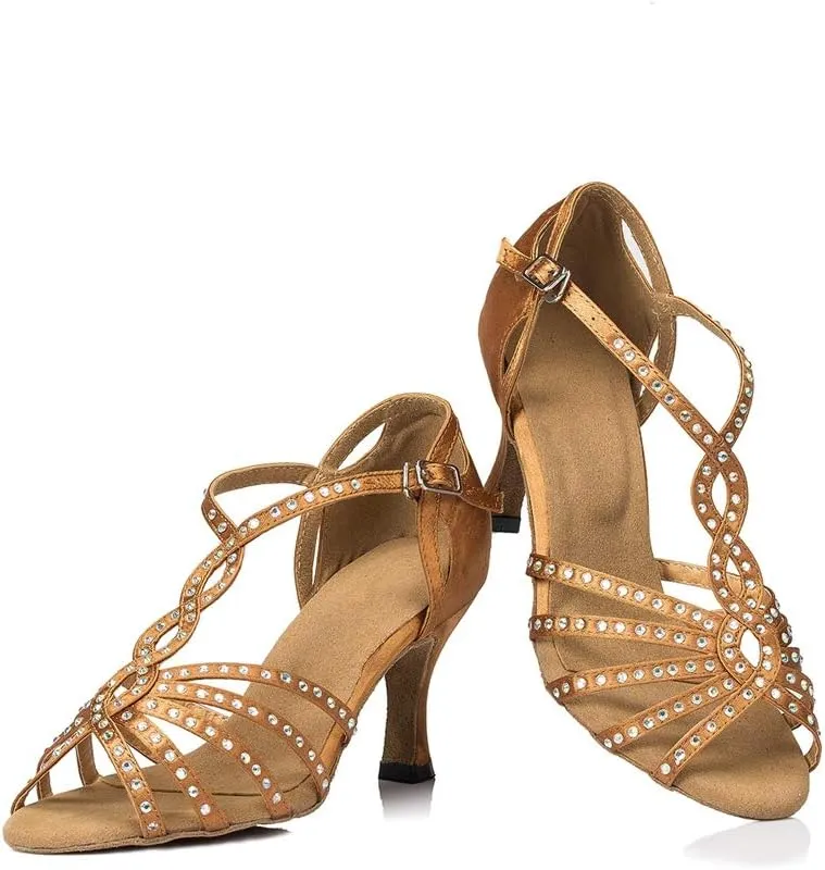 TDA Women's Comfort T-strap Peep Toe Satin Rhinestones Social Tango Ballroom Latin Modern Dance Shoes