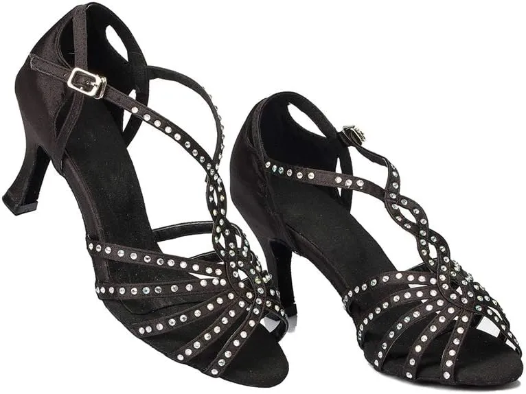 TDA Women's Comfort T-strap Peep Toe Satin Rhinestones Social Tango Ballroom Latin Modern Dance Shoes