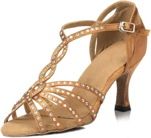 TDA Women's Comfort T-strap Peep Toe Satin Rhinestones Social Tango Ballroom Latin Modern Dance Shoes