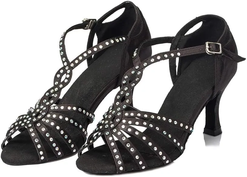 TDA Women's Comfort T-strap Peep Toe Satin Rhinestones Social Tango Ballroom Latin Modern Dance Shoes