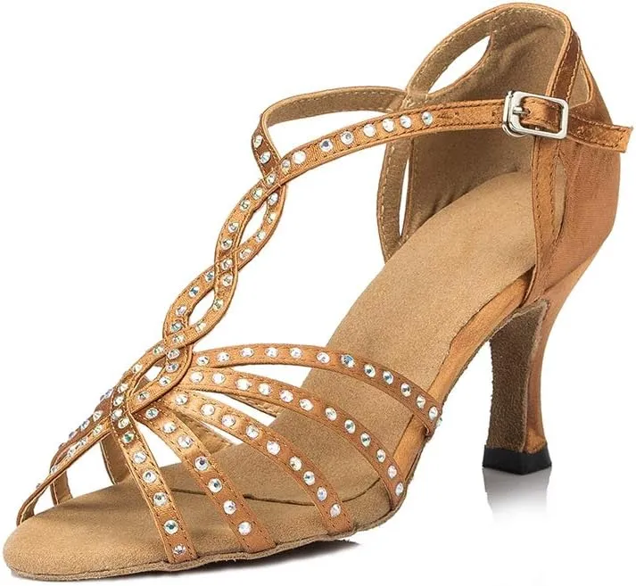 TDA Women's Comfort T-strap Peep Toe Satin Rhinestones Social Tango Ballroom Latin Modern Dance Shoes