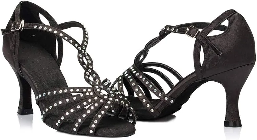 TDA Women's Comfort T-strap Peep Toe Satin Rhinestones Social Tango Ballroom Latin Modern Dance Shoes