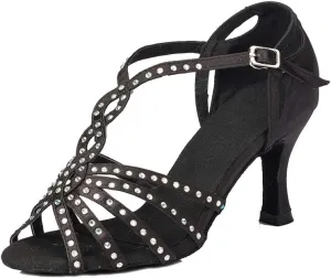 TDA Women's Comfort T-strap Peep Toe Satin Rhinestones Social Tango Ballroom Latin Modern Dance Shoes