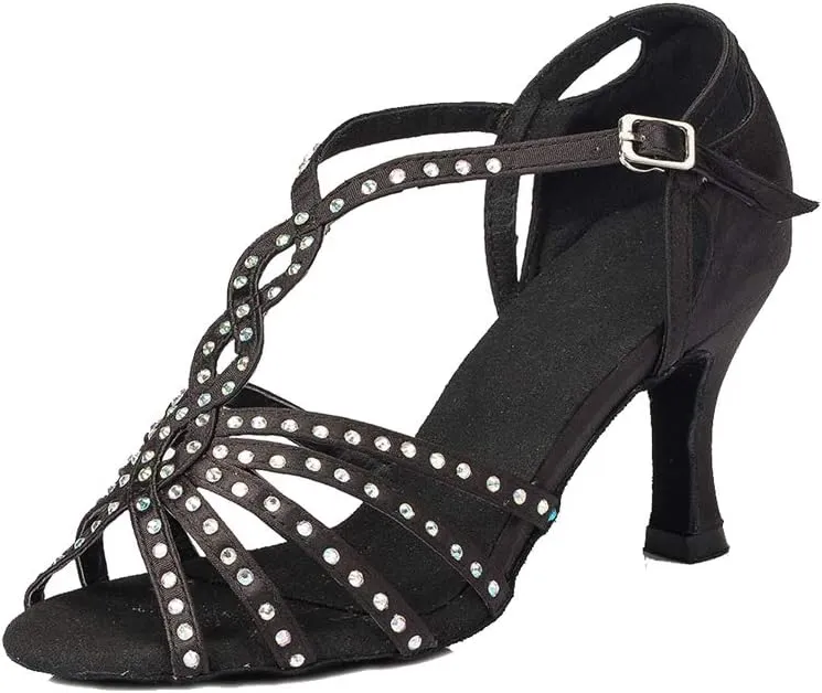 TDA Women's Comfort T-strap Peep Toe Satin Rhinestones Social Tango Ballroom Latin Modern Dance Shoes