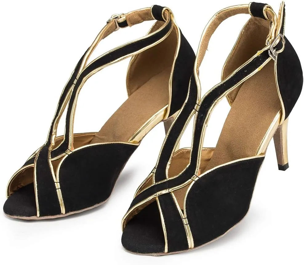 TDA Women's Cross Strap Peep Toe Stiletto Heel Suede Chacha Tango Ballroom Latin Modern Dance Wedding Shoes