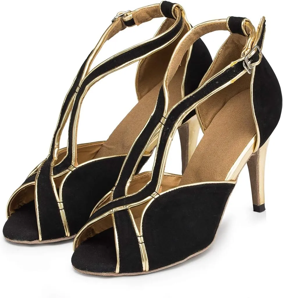 TDA Women's Cross Strap Peep Toe Stiletto Heel Suede Chacha Tango Ballroom Latin Modern Dance Wedding Shoes