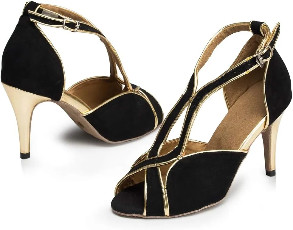 TDA Women's Cross Strap Peep Toe Stiletto Heel Suede Chacha Tango Ballroom Latin Modern Dance Wedding Shoes