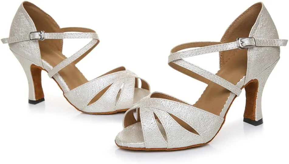 TDA Women's Fashion Satin Ankle Strap Glitter Salsa Tango Ballroom Latin Modern Dance Wedding Shoes