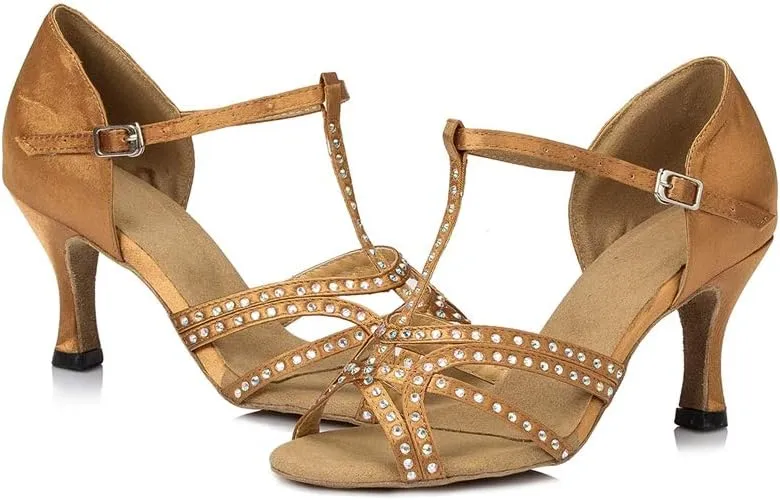 TDA Women's Flared Heel T-Strap Cut-Out Satin Crystals Social Tango Ballroom Latin Modern Dance Shoes