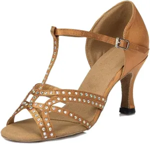 TDA Women's Flared Heel T-Strap Cut-Out Satin Crystals Social Tango Ballroom Latin Modern Dance Shoes