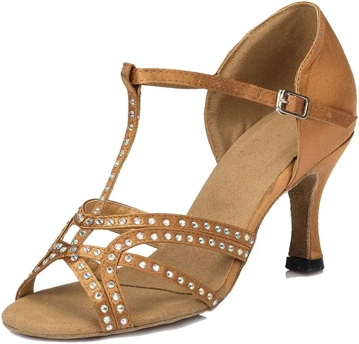 TDA Women's Flared Heel T-Strap Cut-Out Satin Crystals Social Tango Ballroom Latin Modern Dance Shoes