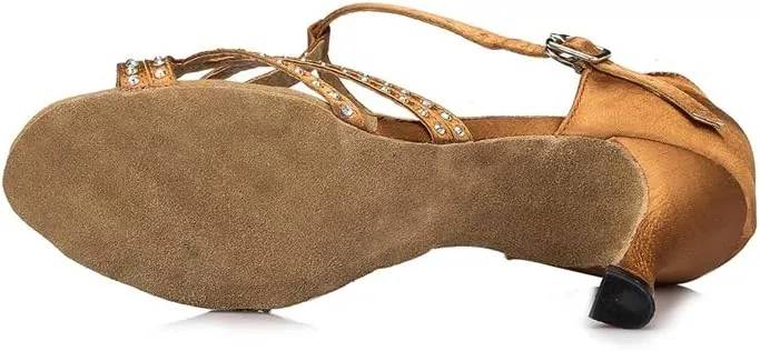TDA Women's Flared Heel T-Strap Cut-Out Satin Crystals Social Tango Ballroom Latin Modern Dance Shoes