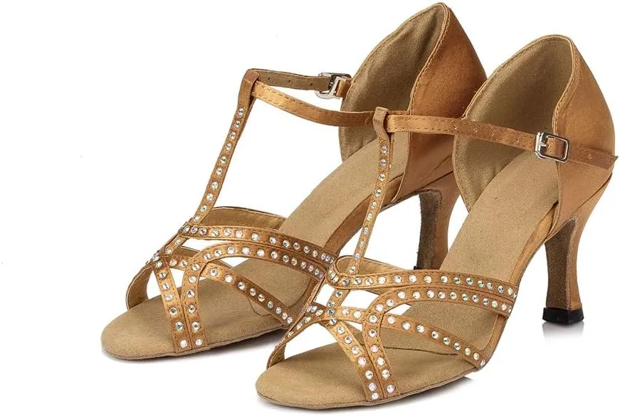 TDA Women's Flared Heel T-Strap Cut-Out Satin Crystals Social Tango Ballroom Latin Modern Dance Shoes