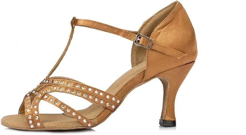 TDA Women's Flared Heel T-Strap Cut-Out Satin Crystals Social Tango Ballroom Latin Modern Dance Shoes