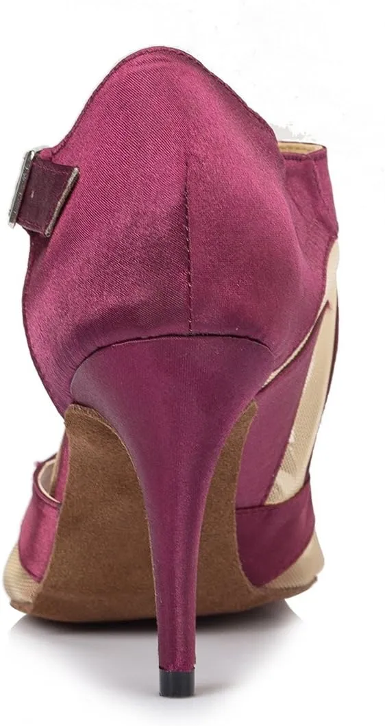 TDA Women's High Heel Peep Toe Buckle Mesh Satin Tango Ballroom Latin Modern Dance Wedding Shoes