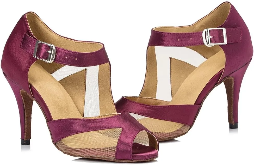 TDA Women's High Heel Peep Toe Buckle Mesh Satin Tango Ballroom Latin Modern Dance Wedding Shoes
