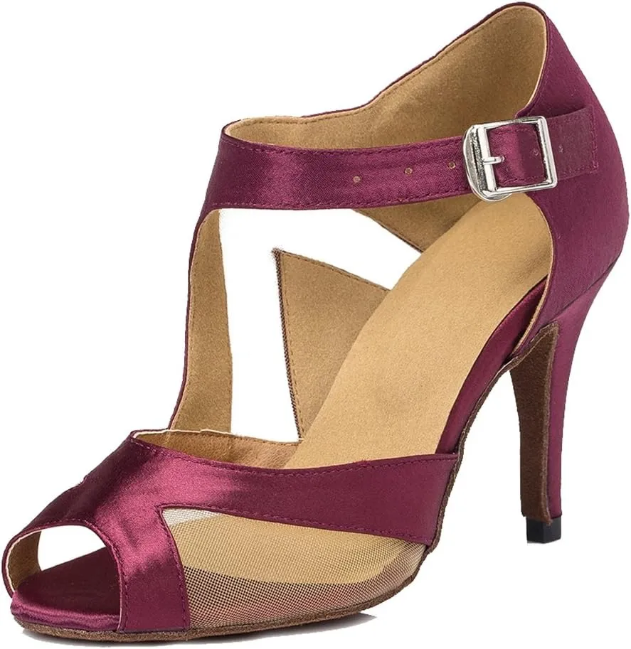 TDA Women's High Heel Peep Toe Buckle Mesh Satin Tango Ballroom Latin Modern Dance Wedding Shoes