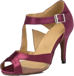 TDA Women's High Heel Peep Toe Buckle Mesh Satin Tango Ballroom Latin Modern Dance Wedding Shoes