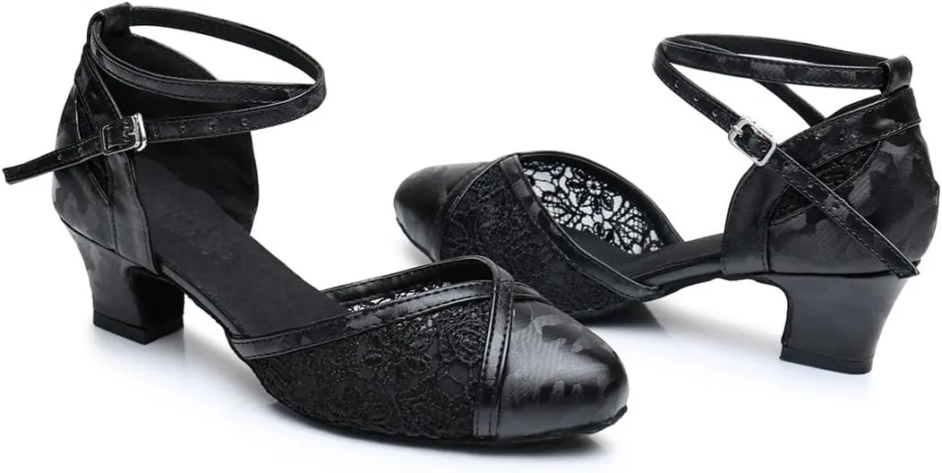 TDA Women's Mid Heel Comfort Floral Mesh Synthetic Tango Ballroom Salsa Latin Dance wedding Shoes