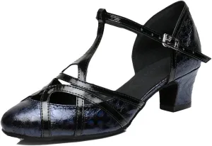 TDA Womens Mid Heel Printing Black PU Leather Salsa Tango Ballroom Latin Party Dance Shoes CM101 4.5 M US
