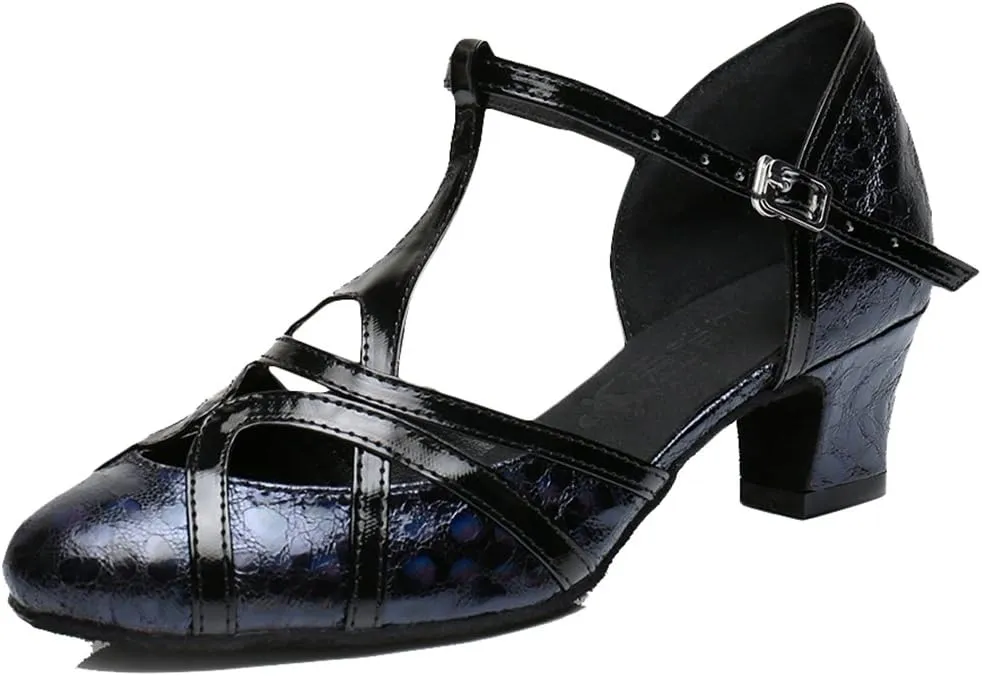 TDA Womens Mid Heel Printing Black PU Leather Salsa Tango Ballroom Latin Party Dance Shoes CM101 4.5 M US