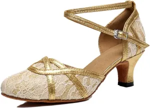 TDA Women's Mid Heel Round Toe Lace Synthetic Tango Ballroom Salsa Latin Dance wedding Shoes