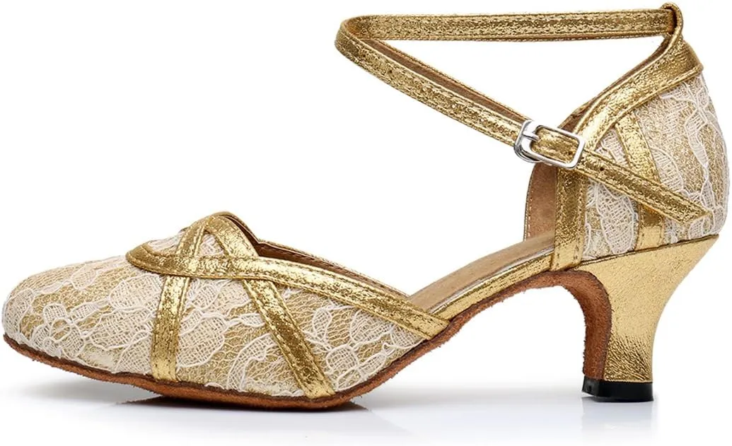 TDA Women's Mid Heel Round Toe Lace Synthetic Tango Ballroom Salsa Latin Dance wedding Shoes