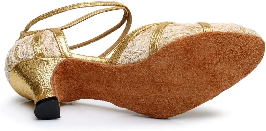 TDA Women's Mid Heel Round Toe Lace Synthetic Tango Ballroom Salsa Latin Dance wedding Shoes