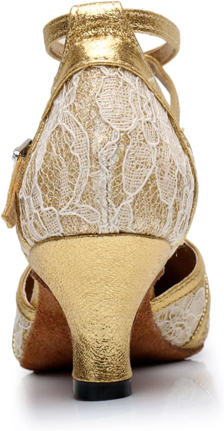 TDA Women's Mid Heel Round Toe Lace Synthetic Tango Ballroom Salsa Latin Dance wedding Shoes