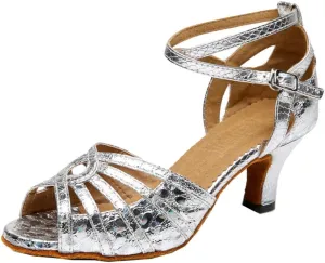 TDA Women's Mid Heel Snakeskin Glitter Sequins Peep Toe Salsa Tango Ballroom Latin Modern Dance Wedding Shoes