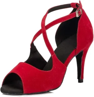 TDA Women's Peep Toe Cross Strap Stiletto Heel Suede Tango Salsa Latin Chacha Ballroom Dance Wedding Shoes
