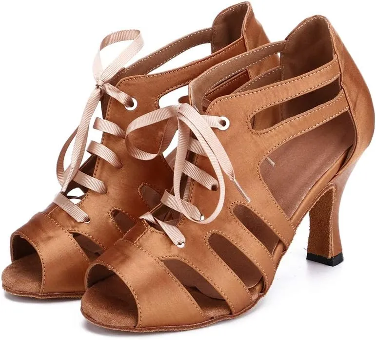 TDA Women's Peep Toe Cut-Out Lace-up Satin Tango Modern Salsa Ballroom Latin Dance Wedding Shoes