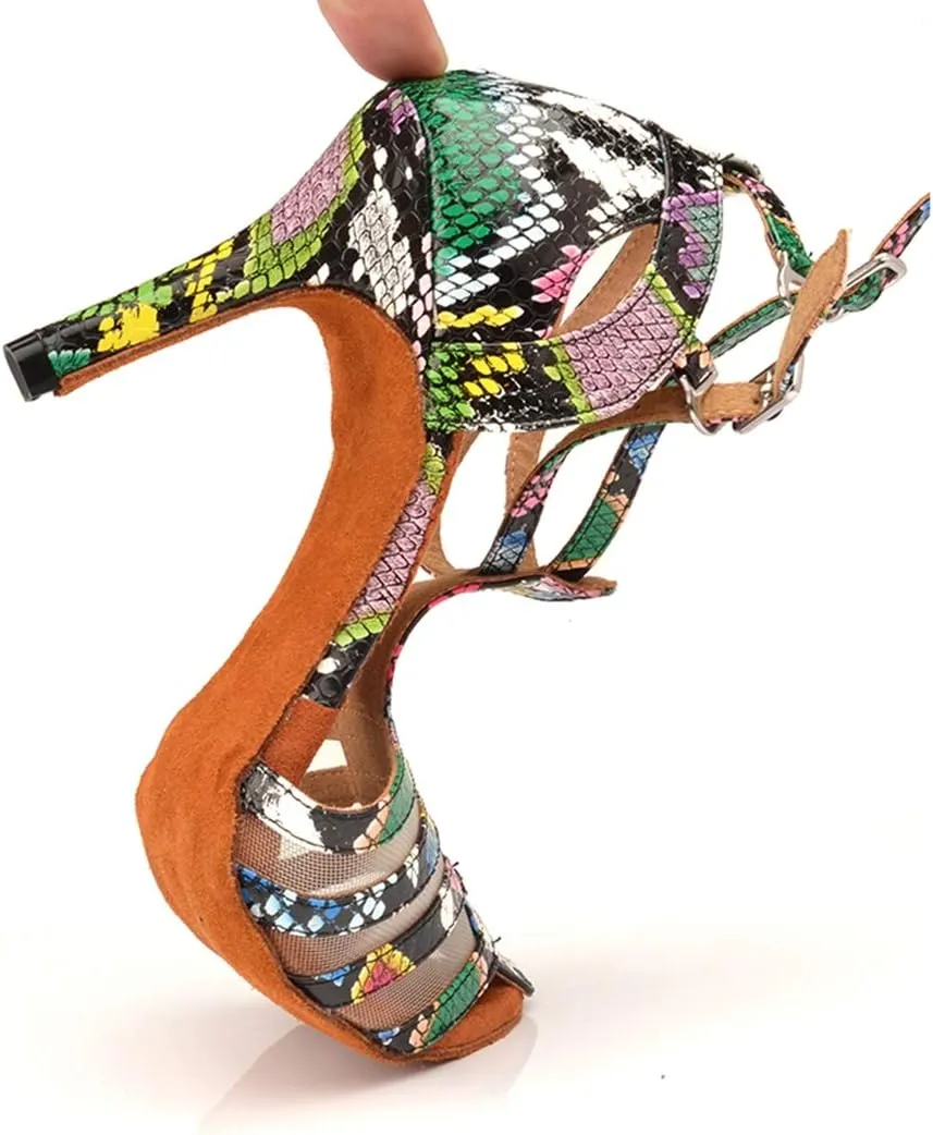 TDA Women's Peep Toe Stiletto Heel Cut-out T-strap Snakeskin Synthetic Salsa Tango Latin Modern Dance Shoes