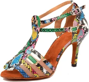 TDA Women's Peep Toe Stiletto Heel Cut-out T-strap Snakeskin Synthetic Salsa Tango Latin Modern Dance Shoes